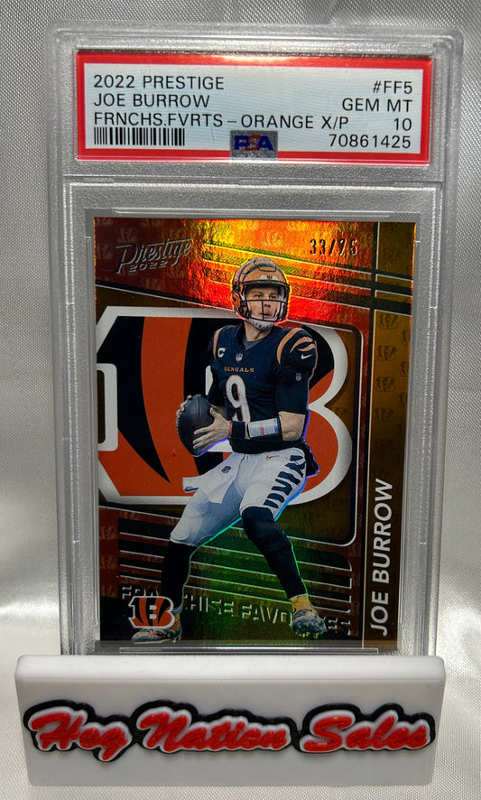 2022 Panini Prestige Joe Burrow #FF-5, Franchise Favorites Orange Xtra Points, Numbered 33/75,  PSA 10