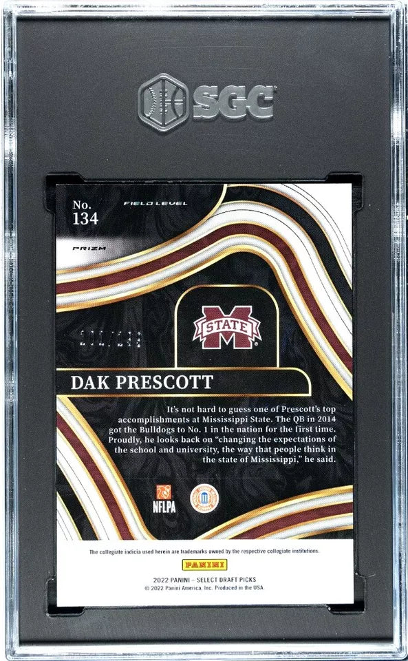 2022 Panini Select Draft Picks Dak Prescott #134 Tri-Color Prizm, Numbered 101/199, SGC 10