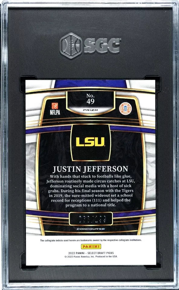 2022 Panini Select Draft Picks Justin Jefferson #49 Tri-Color Prizm, Numbered 68/199, SGC 10